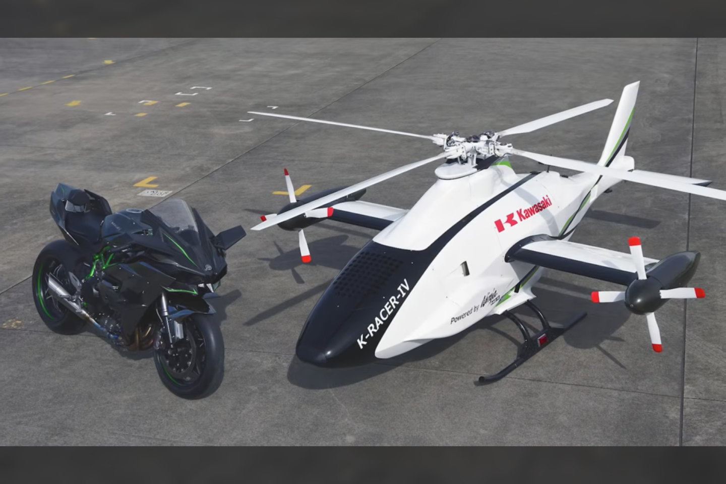 Dronas yra labiau susijęs su motociklais, nei kompanijos gaminamais orlaiviais – dronas naudoja „Ninja H2R“ variklį.<br> Gamintojų nuotr.