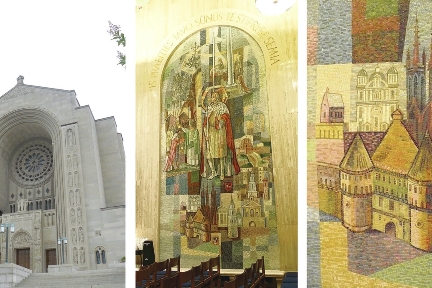 Katalikų bazilikoje (nuotr. kairėje) Vašingtone esančioje lietuviškoje koplyčioje yra daug su mūsų šalimi susijusių kūrinių. Juose – Mindaugo krikštas, Kryžių kalnas, Vytis, Trakų, Pažaislio ir Vilniaus vaizdai.<br>R.Stankevičiūtės nuotr.