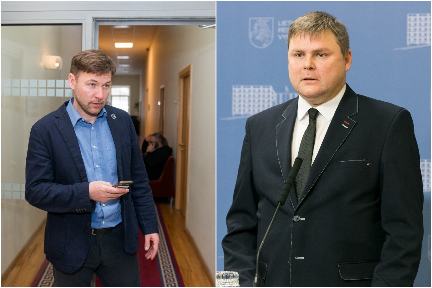  A.Navicko (kairėje) ir E.Milešino atstovaujamos švietimo profsąjungos išreiškė skirtingą poziciją visiško nuotolinio mokymo klausimu.<br> lrytas.lt koliažas.