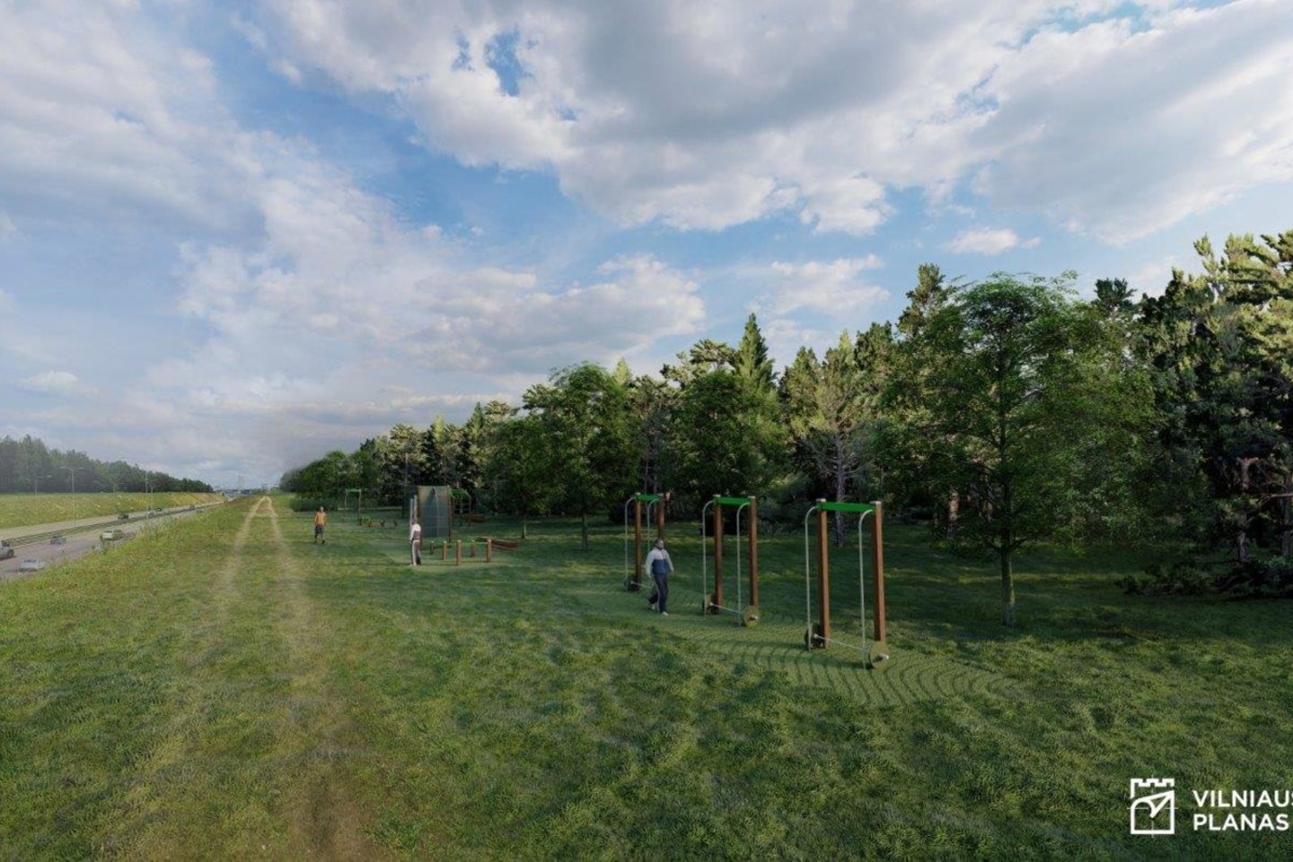 Karoliniškėse formuojamame parke Vilniaus miesto architektai siūlo naujus sprendimus – atvirą erdvę laisvalaikiui bei ugdymui.<br>SĮ „Vilniaus plano“ vizual.