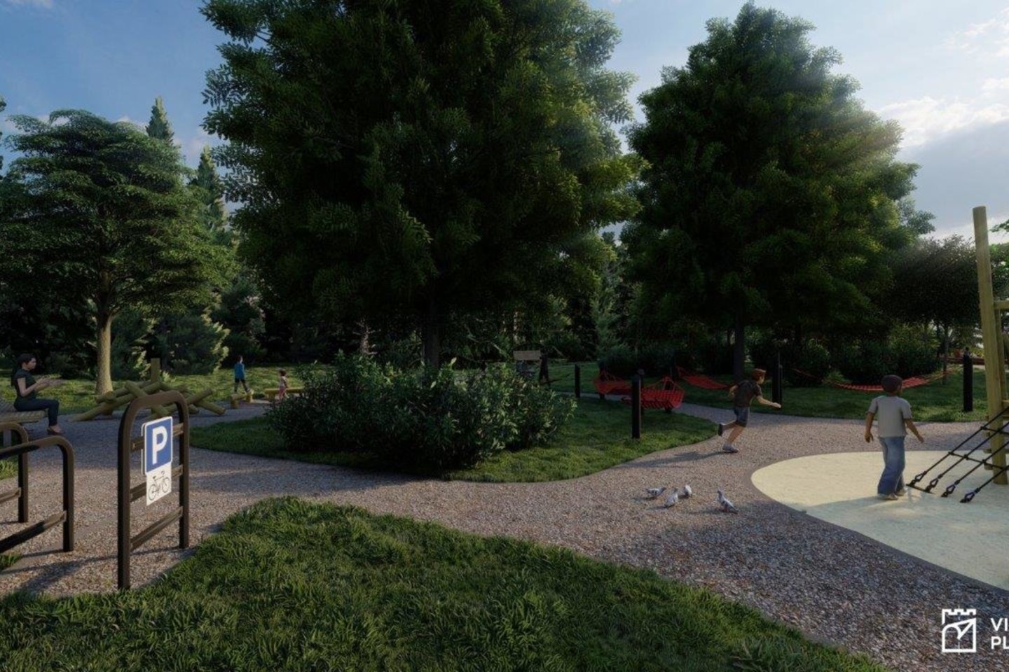 Karoliniškėse formuojamame parke Vilniaus miesto architektai siūlo naujus sprendimus – atvirą erdvę laisvalaikiui bei ugdymui.<br>SĮ „Vilniaus plano“ vizual.
