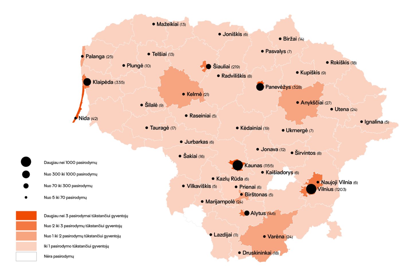 Scenos meno renginių (pasirodymų) Lietuvoje žemėlapis.