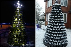 Išskirtiniam iššūkiui suvalkiečius įkvėpė dzūkai: suspindo iš putojančio vyno butelių sukurta eglė