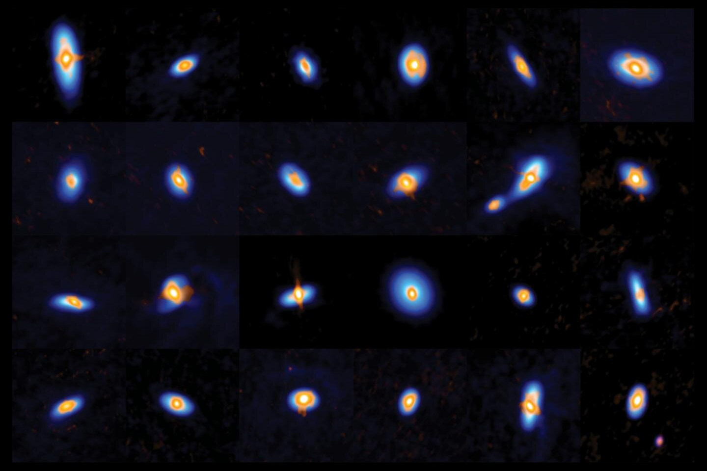  Dalis diskų iš 300 objektų katalogo.<br> ALMA (ESO/NAOJ/NRAO), J. Tobin; NRAO/AUI/NSF, S. Dagnello.