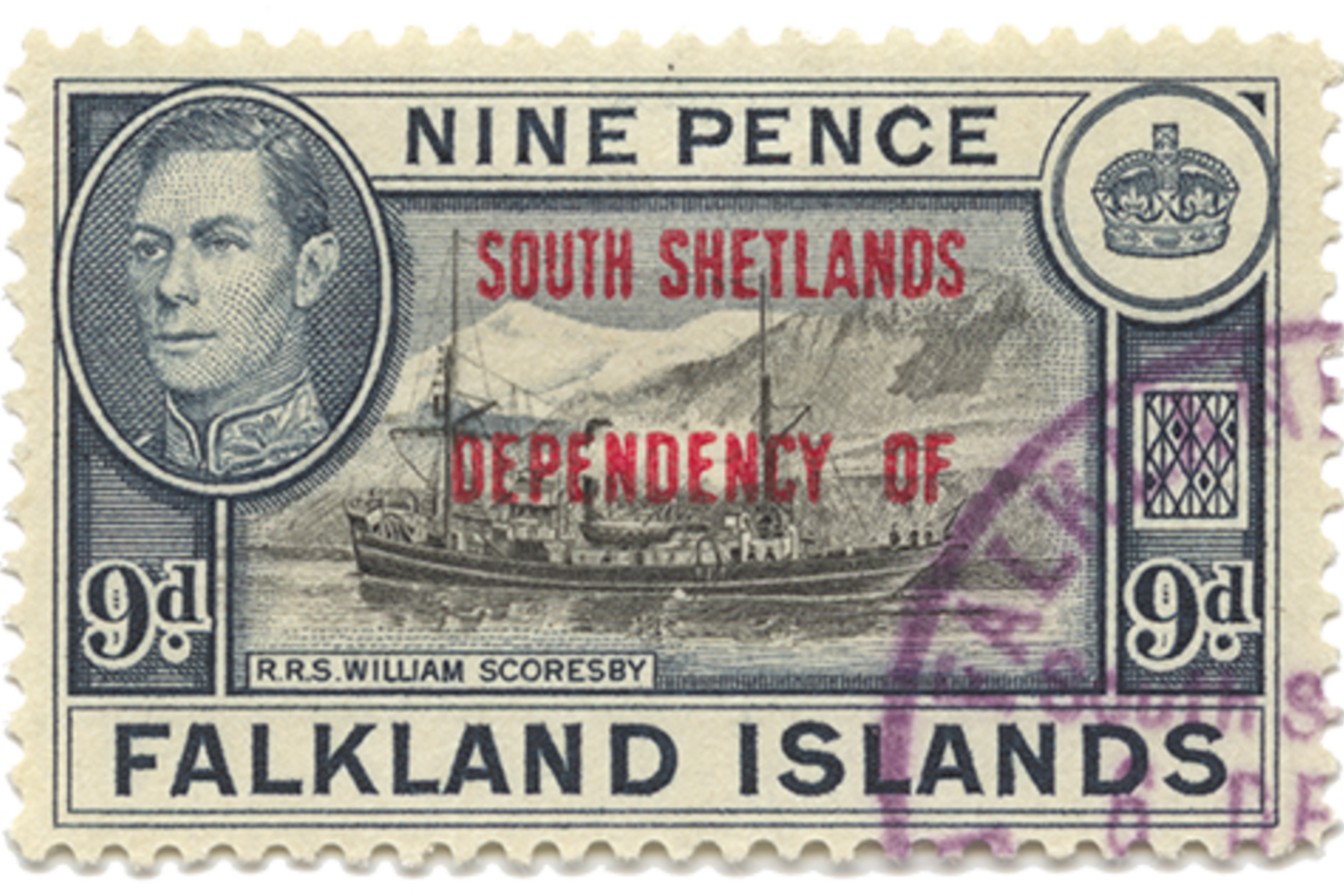 1944 m.: perspaudas ant 1938 m. Folklando salų pašto ženklo, vaizduojančio mokslinį laivą „William Scoresby“.