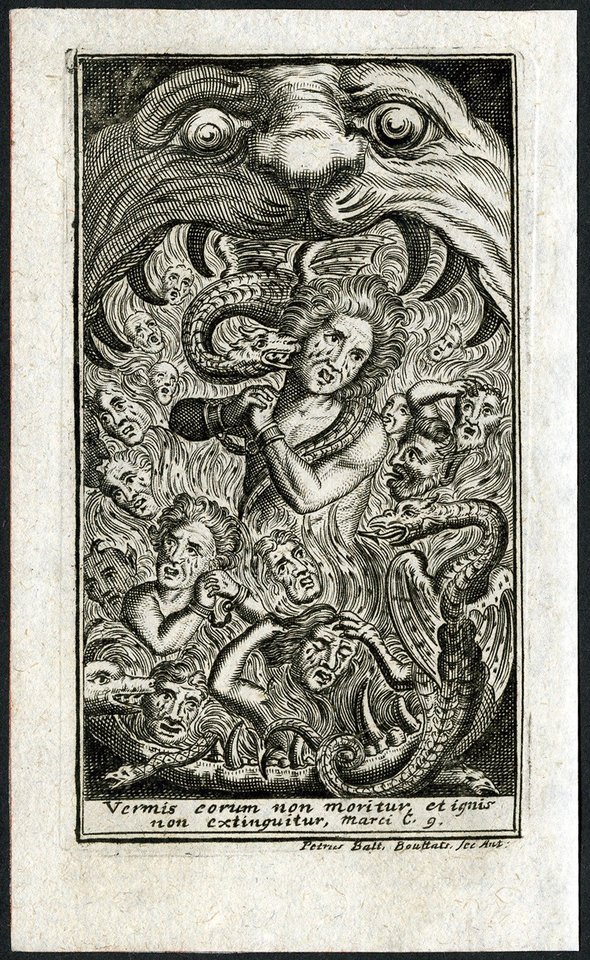 Pragaras. Flamandų graverio Peterio Baltazaro Butatso (Peter Balthazar Bouttats, 1666–1755) sukurtas vario raižinys. Antverpenas, 1700 m. Iš rinkinio: [Collectio imaginum sacrarum ...] <br> VU bibliotekos nuotr.