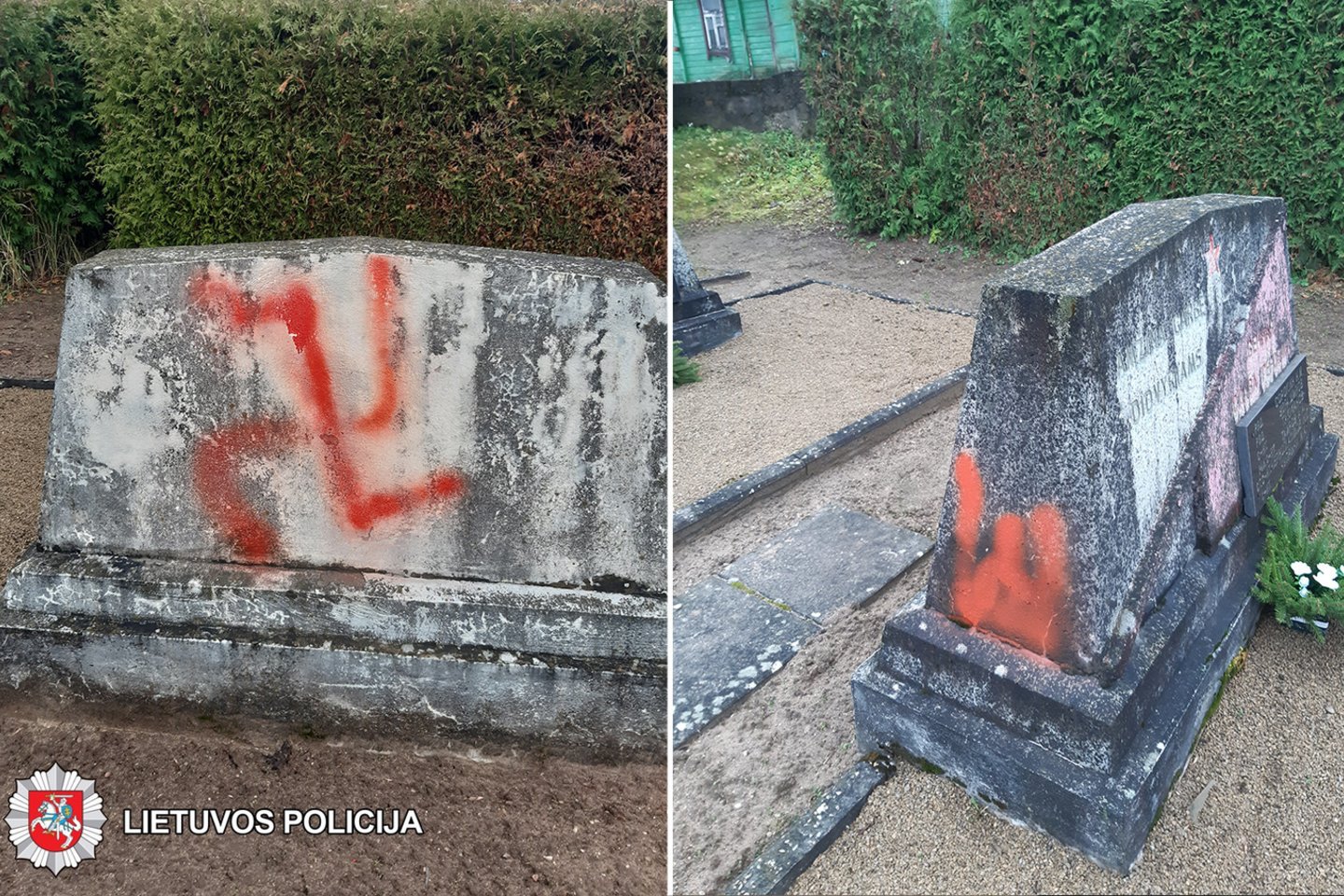  Rokiškio policija kol kas negali surasti, kas raudonais dažais apipurškė sovietų karių paminklus.<br> Panevėžio apskrities VPK nuotr.