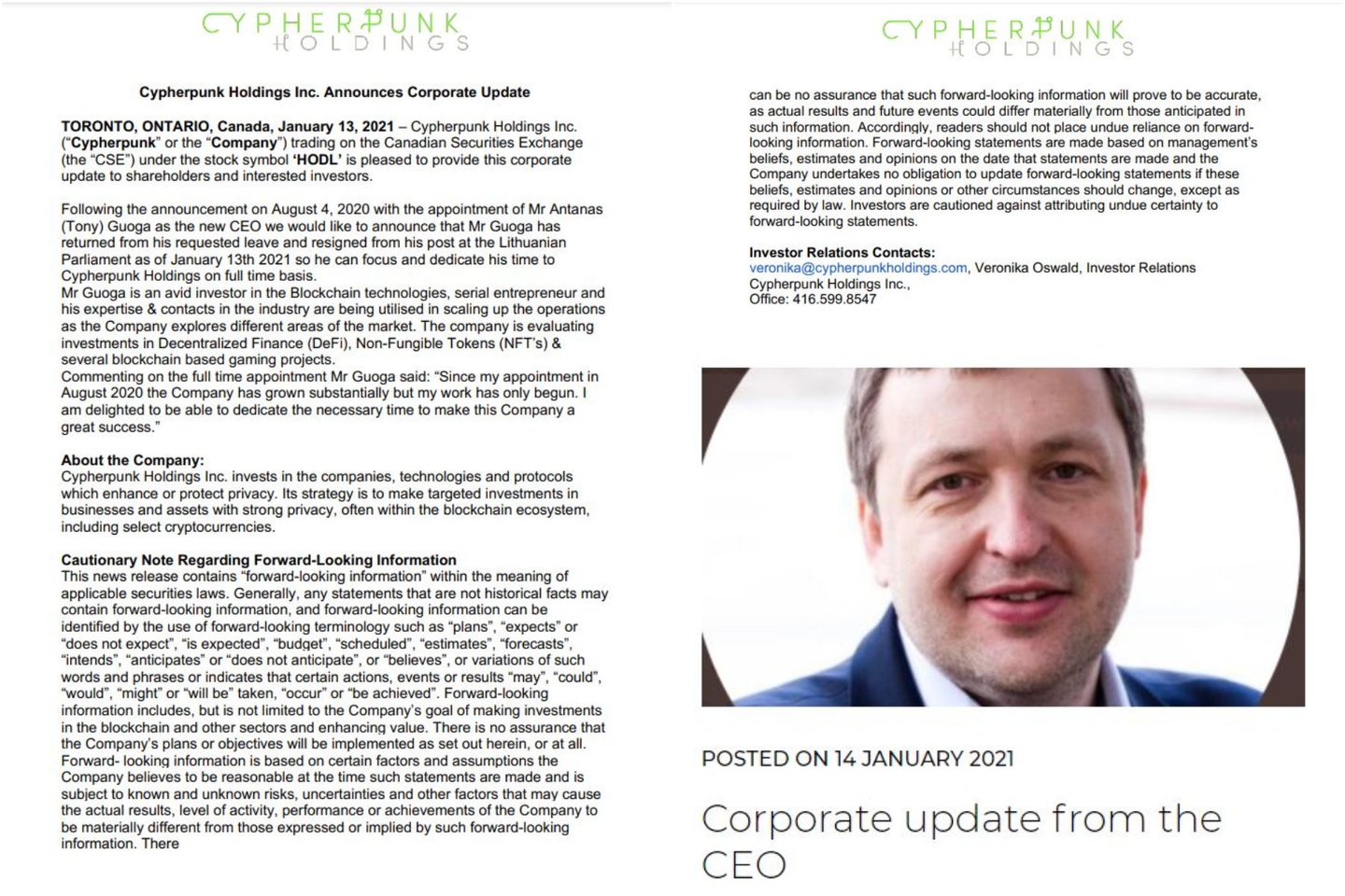 Dar oficialiai būdamas Seimo nariu A. Guoga grįžo vadovauti bendrovei „Cypherpunk Holdings“.<br>„Cypherpunk Holdings“ inf.