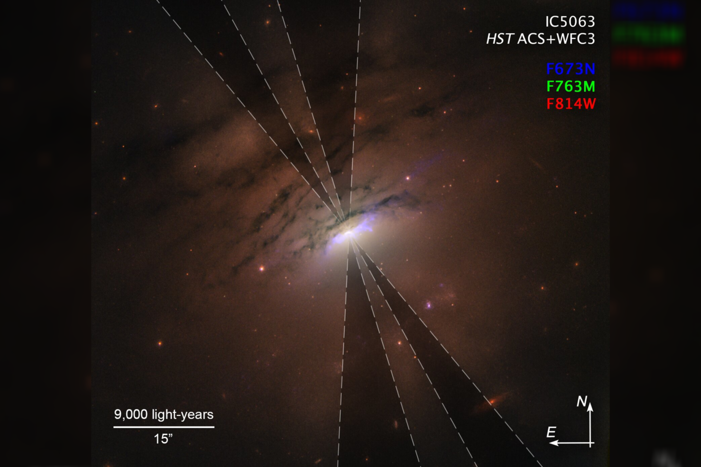  Galaktika IC 5063 ir jos šešėliai (šiek tiek paryškinti, kontūrai pažymėti punktyrais). <br> NASA, ESA, STScI and W.P. Maksym (CfA) iliustr.