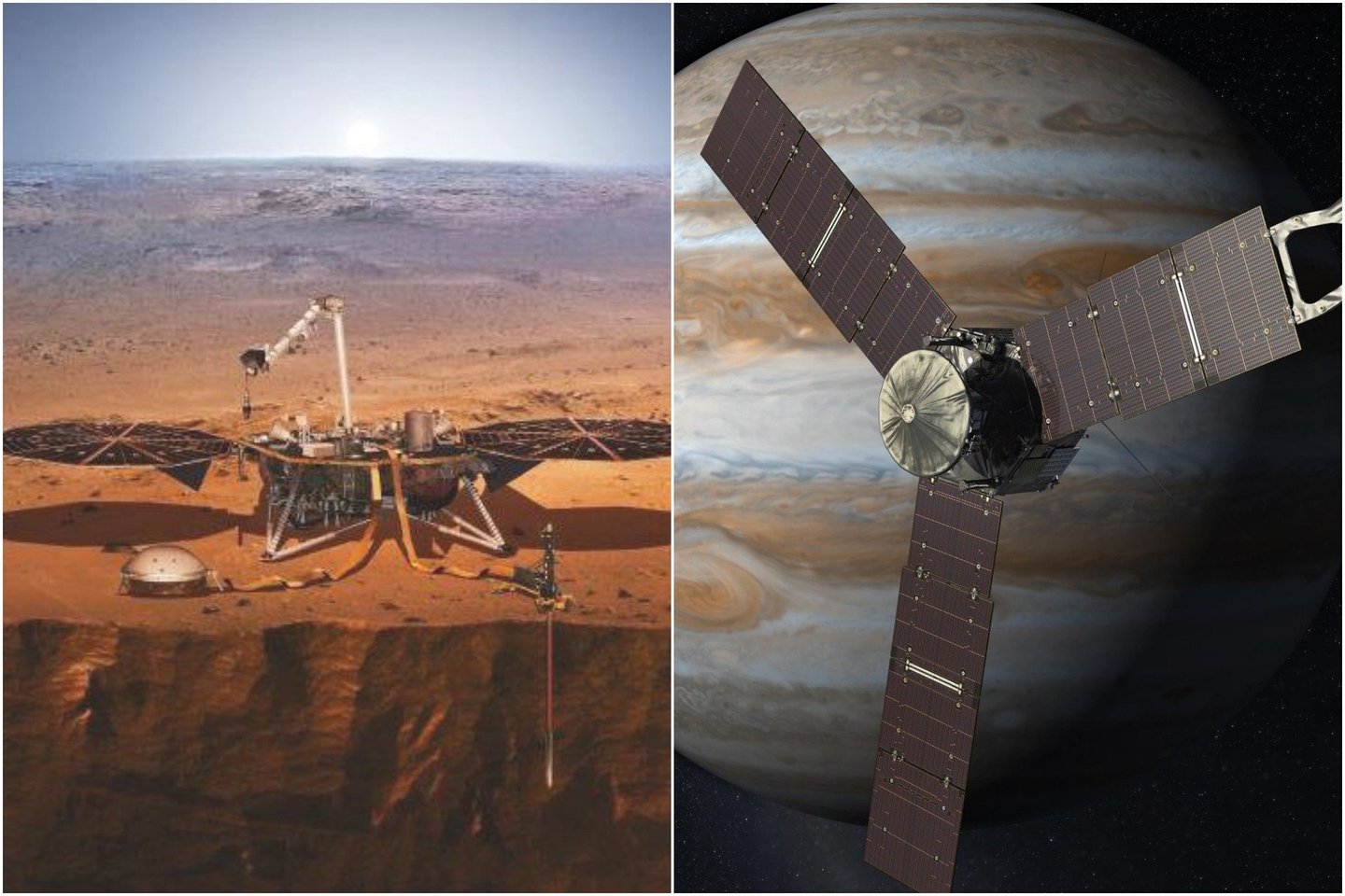  „InSight“ misija pratęsta dvejiems metams, iki 2022 gruodžio, nuo 2016 liepos Jupiterį tyrinėjanti „Juno“ pratęsta daugiau nei ketveriems metams – iki 2025 rugsėjo arba kol prietaisas suges.<br> NASA iliustr.