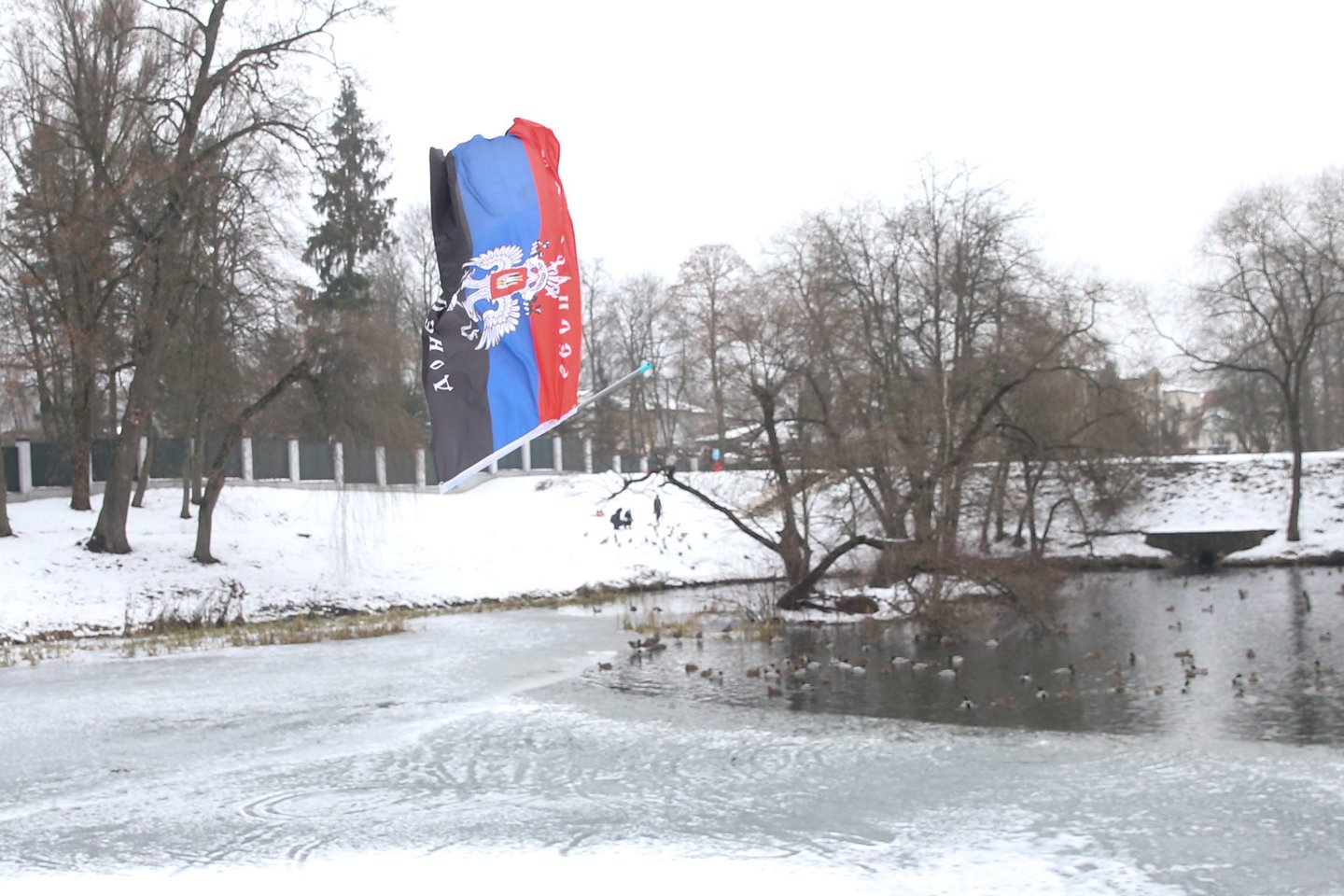   L.Kasčiūnas nusviedė vėliavą į tvenkinį.<br> R.Danisevičiaus nuotr.