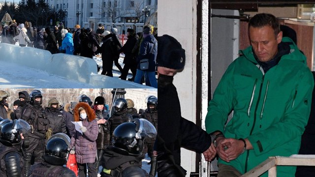 Rusų nesustabdo nei policija, nei stingdantis šaltis: protestuotojai palaiko A. Navalną, nors sulaikytųjų skaičius artėja prie tūkstančio