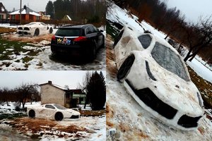 Tūkstančiai neslepia susižavėjimo: Panevėžio rajone vyras su žmona iš sniego lipdė tikro dydžio „Ferrari“