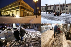 Sostinės gatvės ir šaligatviai skęsta pusnyse, bet aikštė prie Seimo – net išblizginta