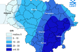 Sniego dangos storis Lietuvoje: vienur nesiekia nė 5 cm, kitur – beveik 40 cm