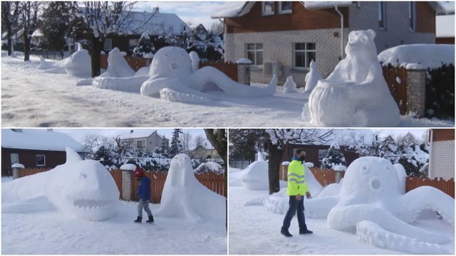 Biržiečiams išradingumo netrūksta: šeima kiemą papuošė įspūdingomis sniego skulptūromis