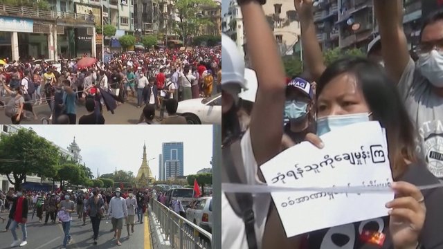 Mianmare tęsiasi protestai: iš dalies atkurtas interneto ryšys