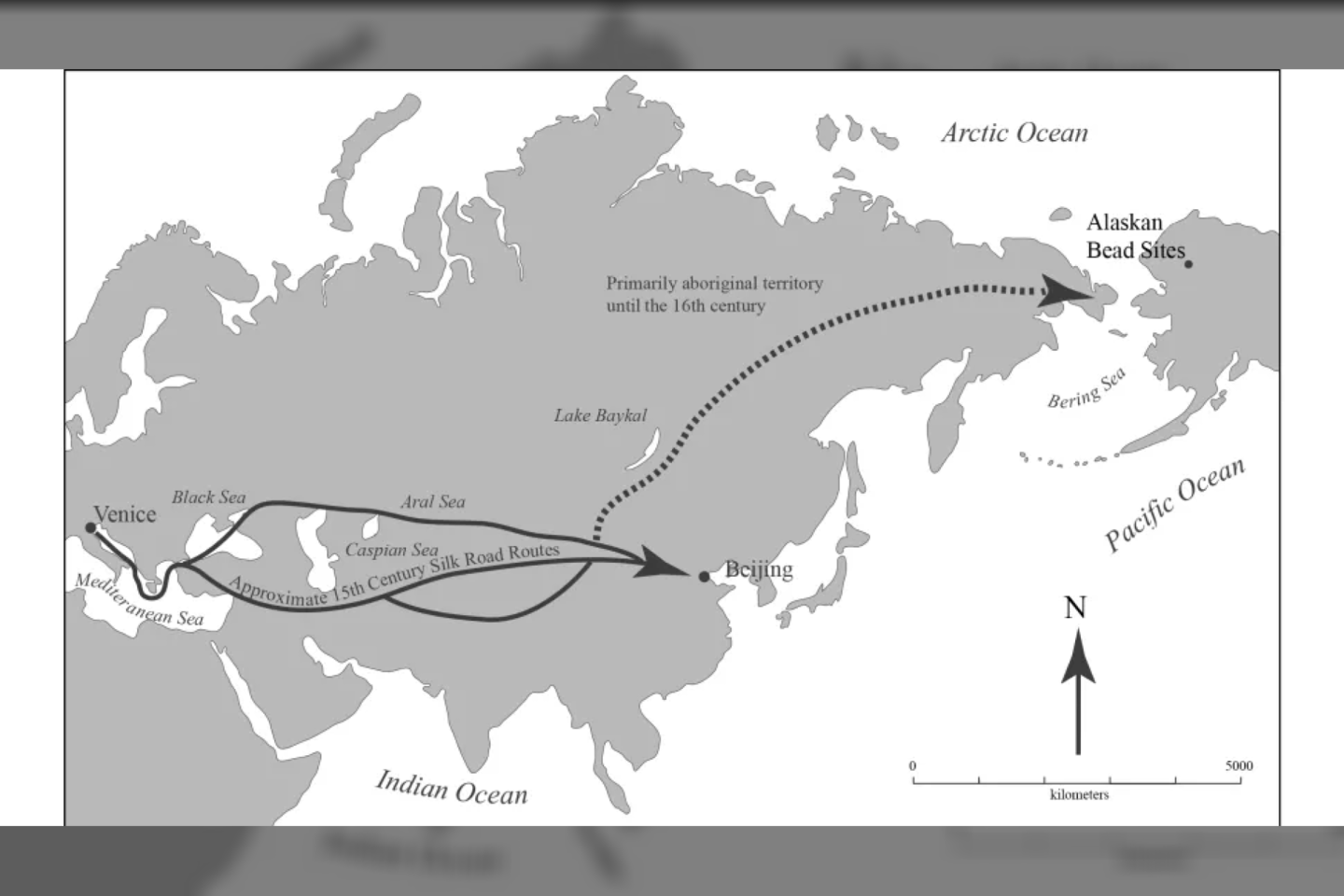  Nežinoma, kaip karoliukai tiksliai pateko iš Europos į Aliaską, tačiau čia pažymėti galimi maršrutai.<br> Boreal Imagery iliustr.