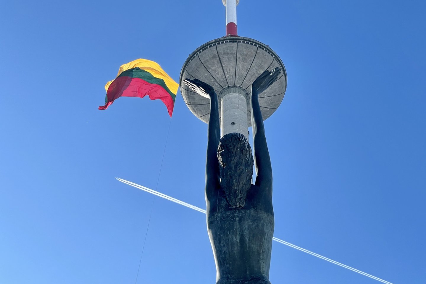  Ant Vilniaus televizijos bokšto pasirodė didžiausia šalyje Trispalvė.<br> V.Ščiavinsko nuotr.