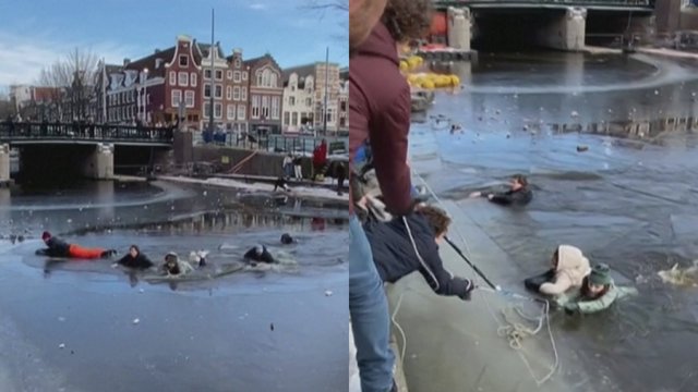Nyderlanduose būrys žmonių įlūžo į vandenį: praeiviai pasinaudojo ledo ritulio lazdomis ir virvėmis, kad šiuos ištrauktų