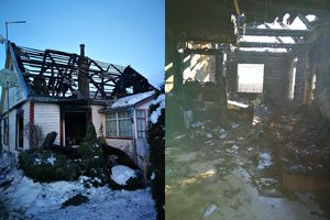 Baisi nelaimė Pušalote: užsiliepsnojus namui neįgalus jaunuolis sugebėjo prišliaužti prie durų