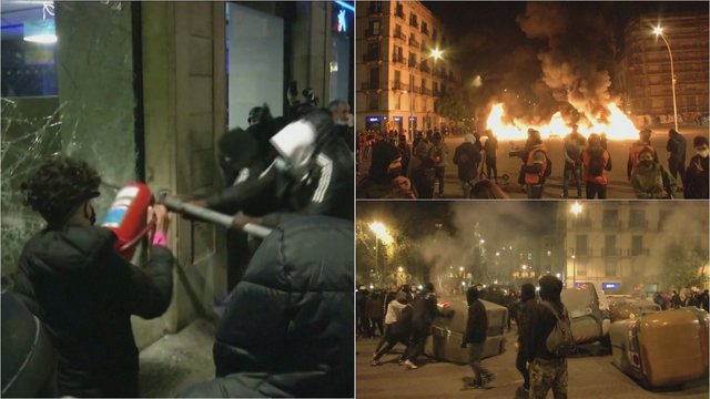 Chaosas Barselonoje: žmonės daužo pastatų langus, padeginėja gatvėse konteinerius