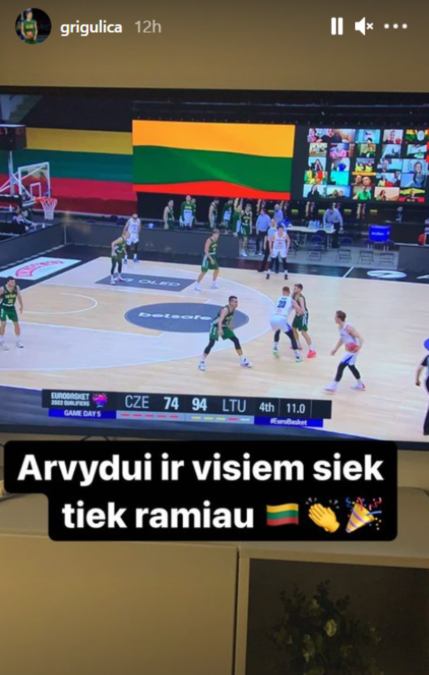 Marius Grigonis pasveikino Lietuvos rinktinę su iškovota pergale.<br>M.Grigonio Instagram paskyros nuotr.
