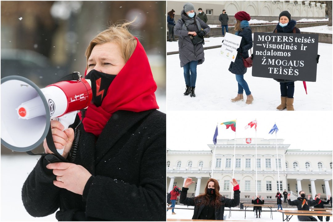  Prie Prezidentūros Vilniuje pirmadienį suskambėjo šokio grupės „Spokšok“ atliekama lietuviška protesto dainos „Bella ciao“ versija.<br> lrytas.lt koliažas.