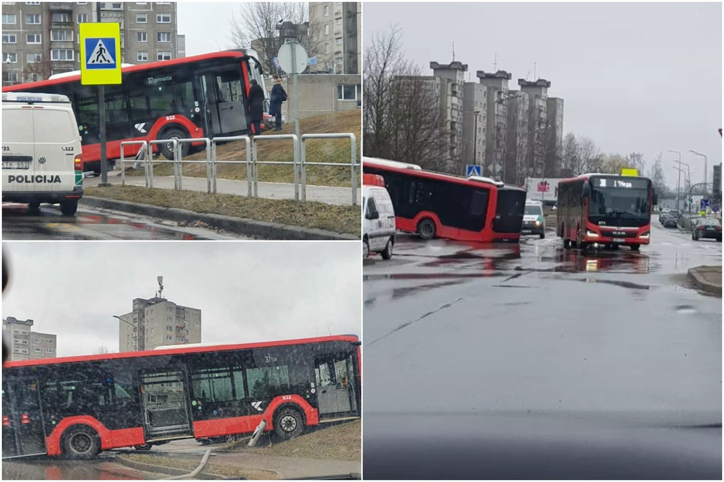 Kaune autobusas rėžėsi į stulpą, sužeistas vairuotojas.<br> Feisbuko grupės "Kur stovi policija Kaune" nuotr.