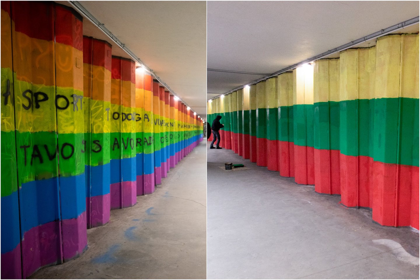 LGBT vėliavą Vilniaus požeminėje perėjoje pakeitė trispalvė.<br>Lrytas.lt koliažas