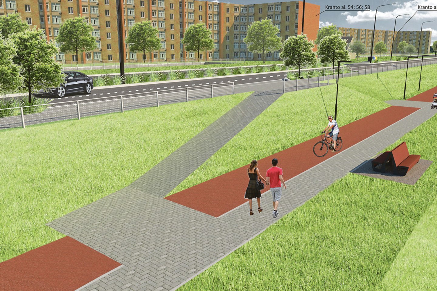 Nuo naujosios gatvės link pėsčiųjų ir dviračių tako bus įrengti patogūs takai.<br>M.Patašiaus nuotr.