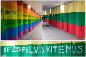 Nerimsta ir kita pusė: ant LGBT vėliavos uždažytos trispalvės atsirado naujas užrašas