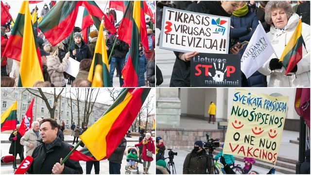 Vilniuje – protestas prieš Vyriausybės ribojimus: kaukes kišenėse slėpę susirinkę tikina, kad pavargo nuo suvaržymų