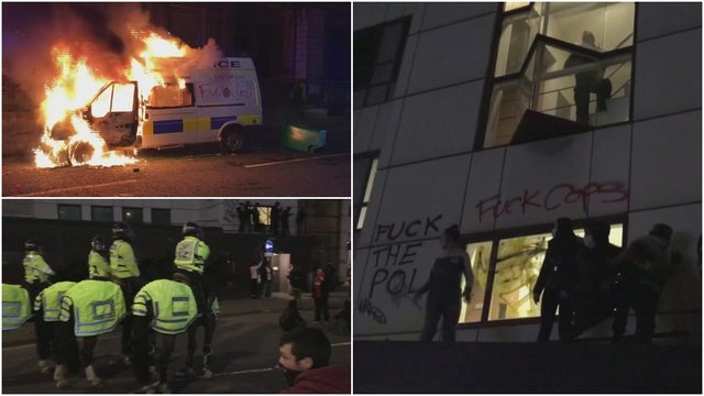 JK protestai prarado kontrolę: padegtas pareigūnų automobilis, įsilaužta į policijos pastatą