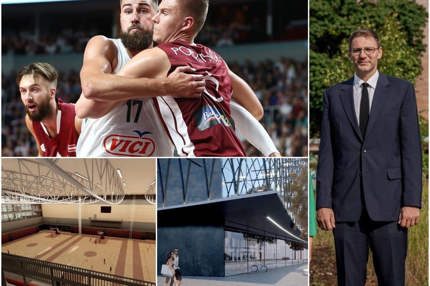  Latvijos krepšinio federacijos generalinis sekretorius K.Ciprussas, naujai statoma arena, J.Valančiūnas ir K.Porzingis.<br> lrytas.lt koliažas