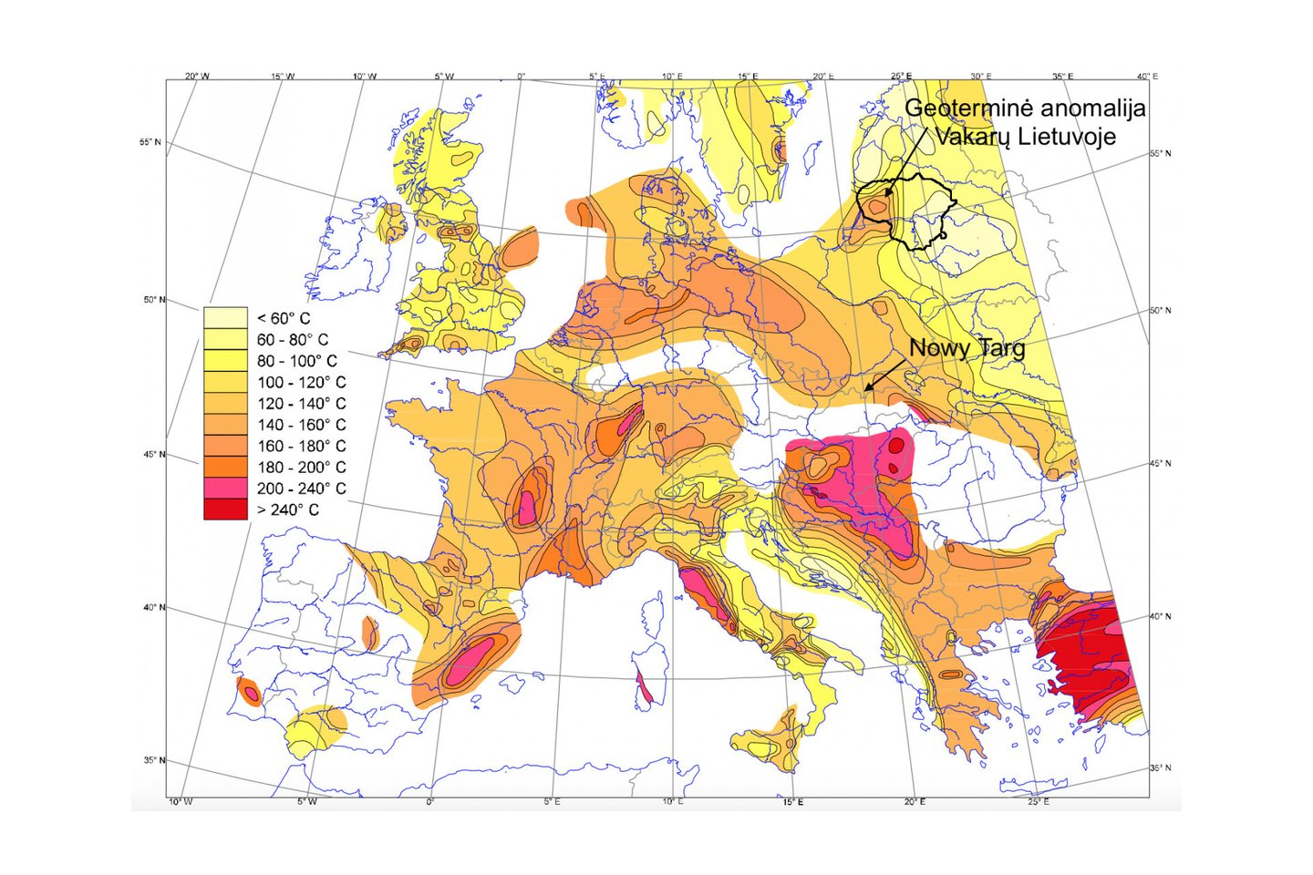 Europos žemėlapis, rodantis temperatūrą 5 km gylyje (iš Hurtig ir kt., 1992). Atkreipkite dėmesį į geoterminę anomaliją Vakarų Lietuvoje bei Nowy Targ padėtį, kur bus gręžiamas 7 km geoterminis gręžinys – ten šilumos srautas panašus į esantį Vakarų Lietuvoje.