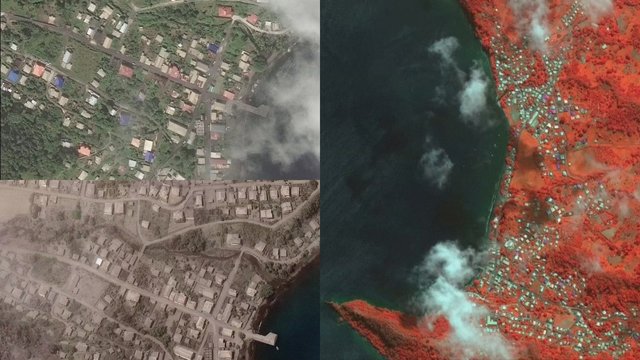 Palydoviniai vaizdai užfiksavo: Sent Vinsento ugnikalnis prieš ir po išsiveržimo