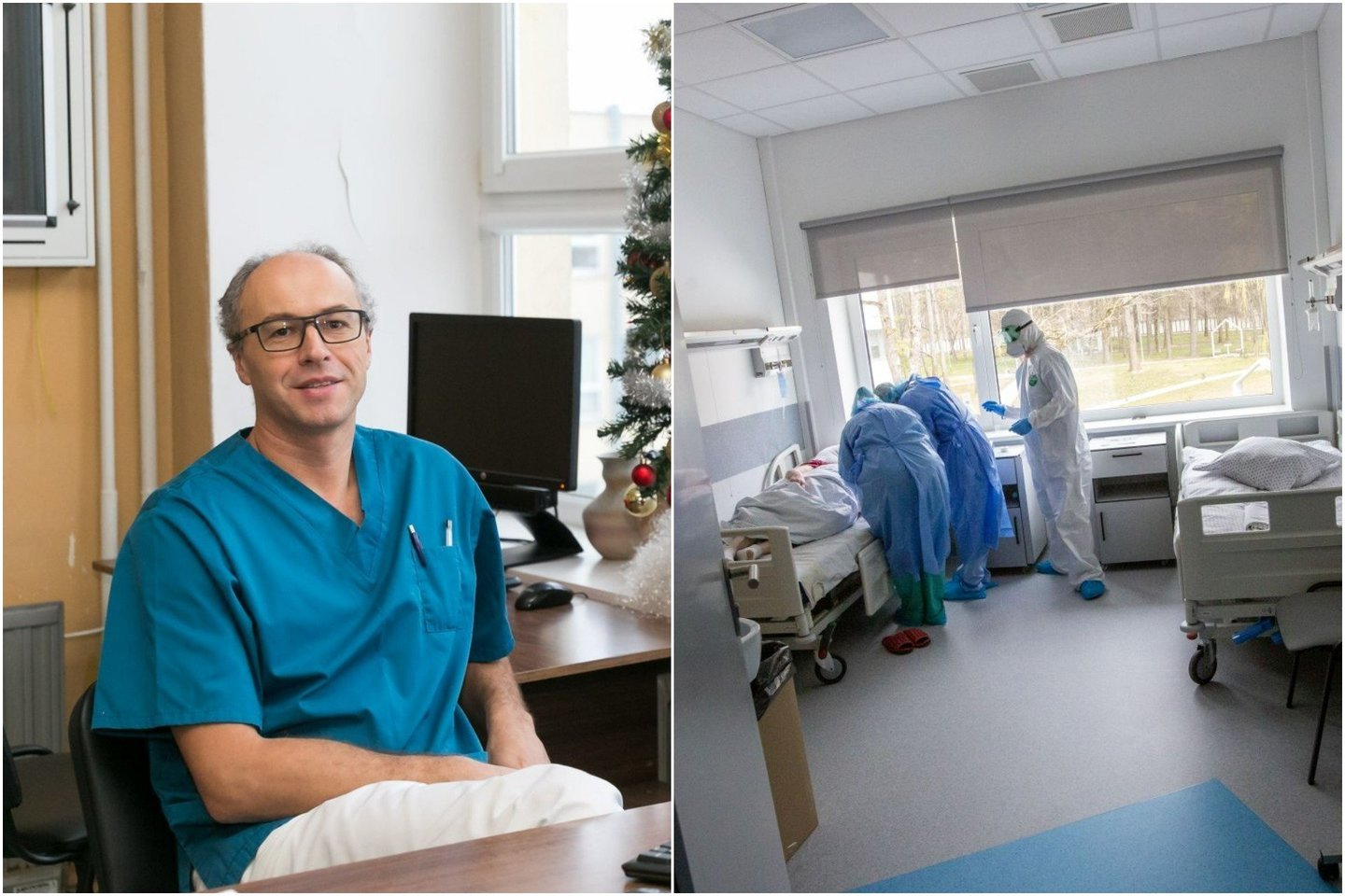  R.Kvietkauskas kraujagyslių chirurgo darbą iškeitė į darbą su COVID-19 pacientais.<br> lrytas.lt montažas.