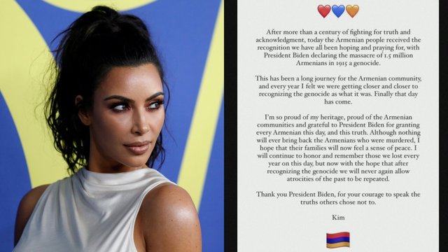 Kim Kardashian viešai paskelbė savo poziciją dėl Armėnų žudynių: dėkoja Joe Bidenui už jo palaikymą