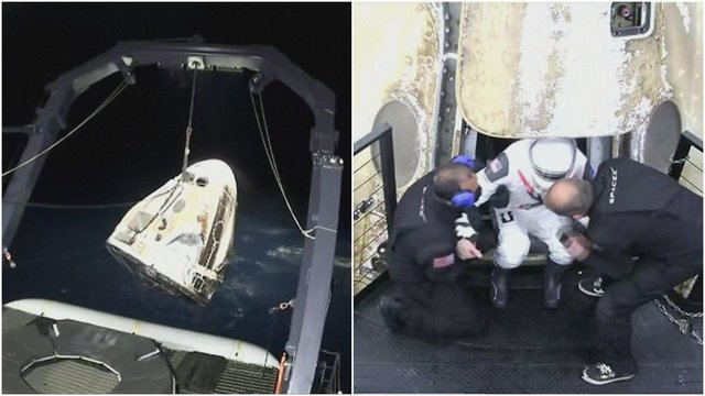 Po šešių mėnesių kosmose NASA astronautai „SpaceX“ kapsule sėkmingai nusileido Žemėje