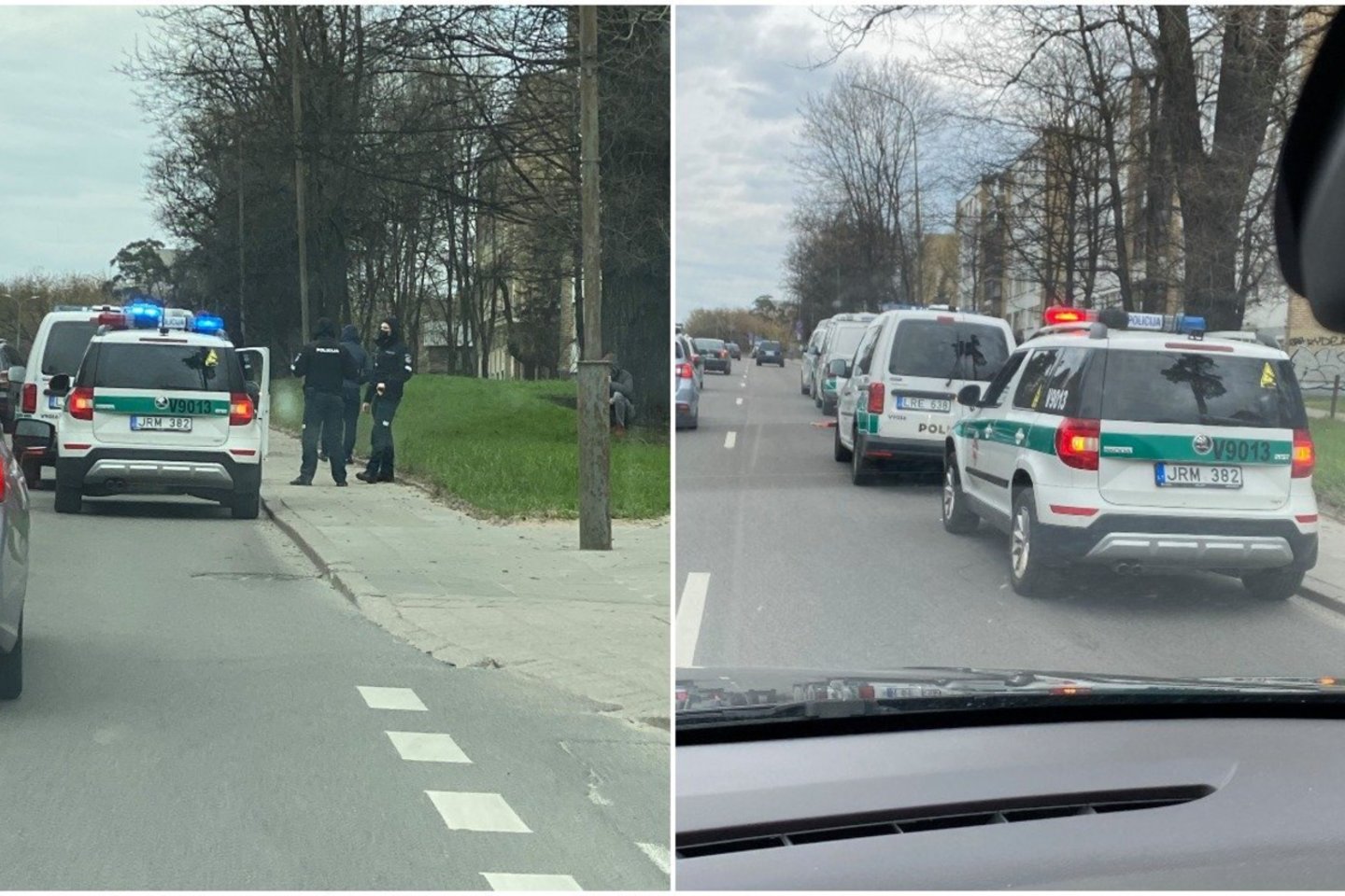  Penki policijos pareigūnų ekipažai sekmadienį sostinėje netoli Vingio parko blokavo du automobilius BMW.<br> Lrytas.lt skaitytojo nuotr.