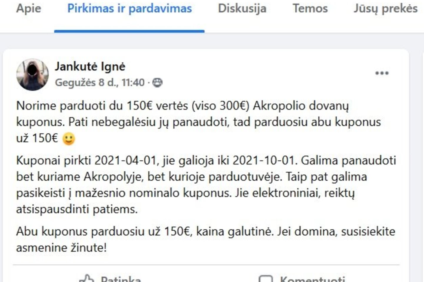  Policijos virtualus patrulis Feisbuke toliau įdėmiai stebi Ignę Jankutę – perspėja nepirkti iš jos „Akropolio“ kuponų.<br> Facebook/Policijos virtualus patrulis nuotr.