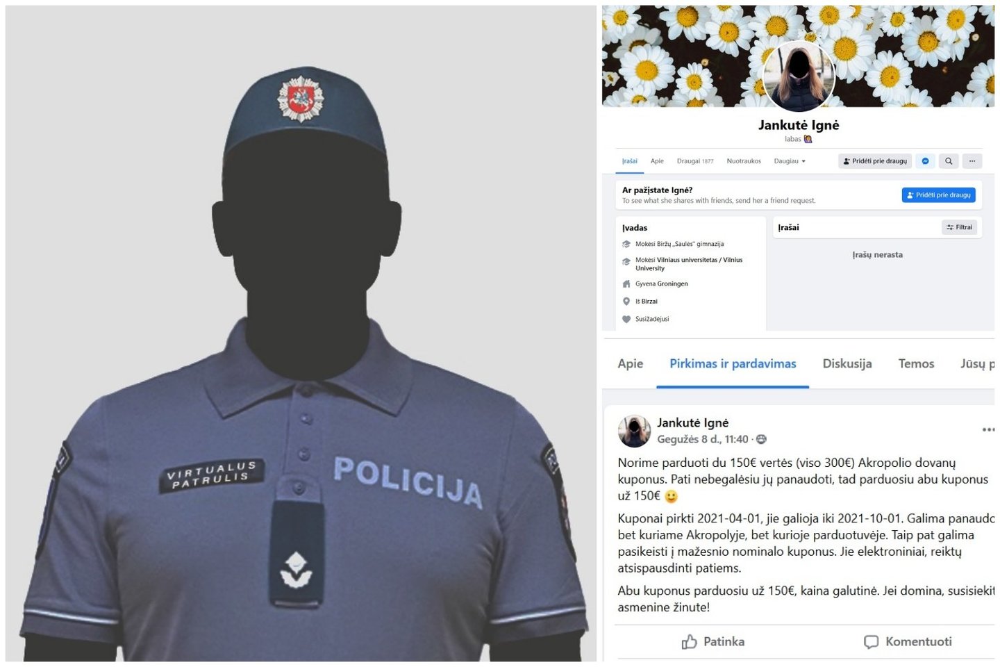  Policijos virtualus patrulis Feisbuke toliau įdėmiai stebi Ignę Jankutę – perspėja nepirkti iš jos „Akropolio“ kuponų.<br> Facebook/Policijos virtualus patrulis nuotr.