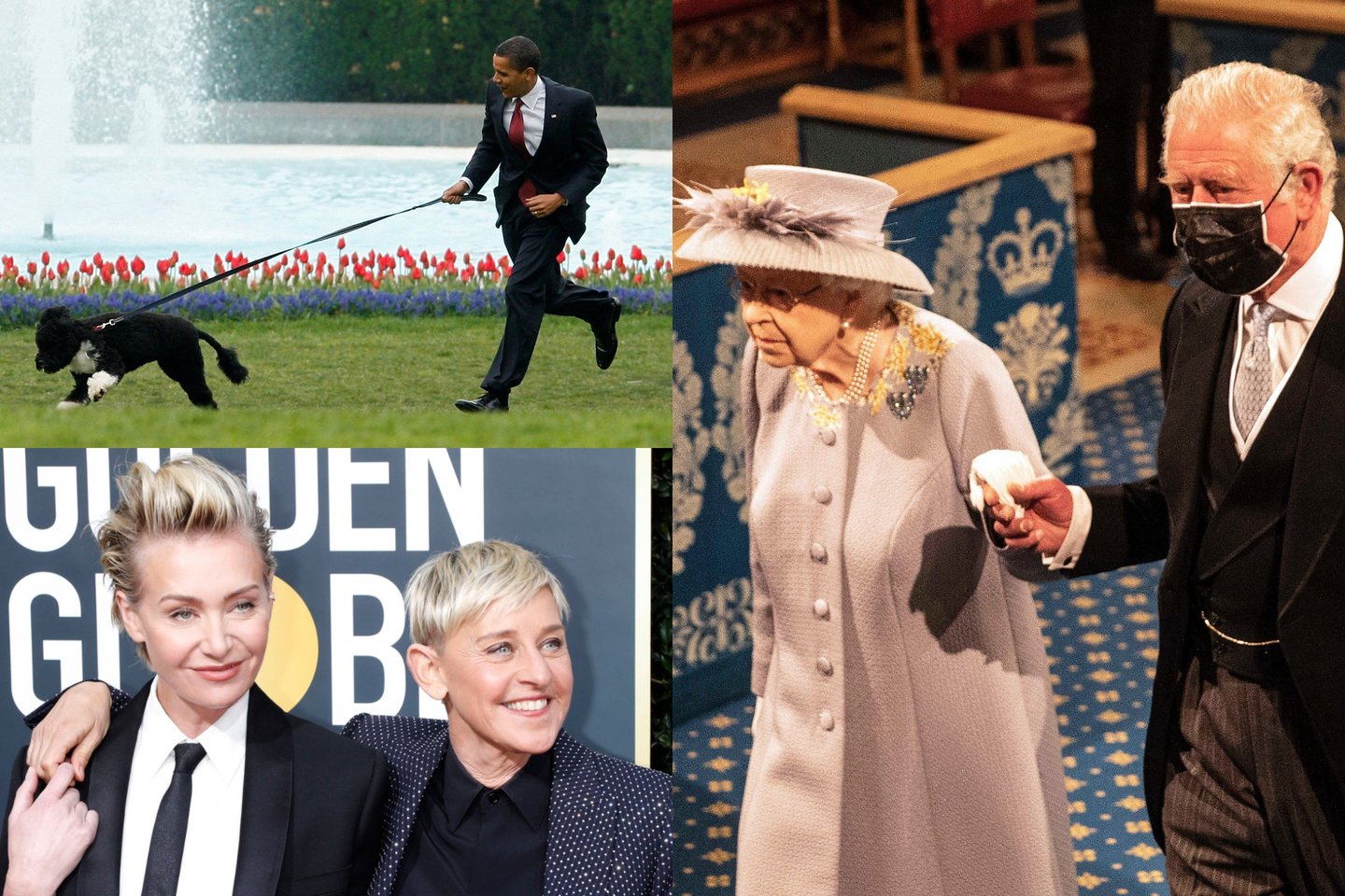 Barackas Obama, Portia de Rosi ir Ellen DeGeneres, Jungtinės Karalystės karalienė Elizabeth II.<br>lrytas.lt montažas.