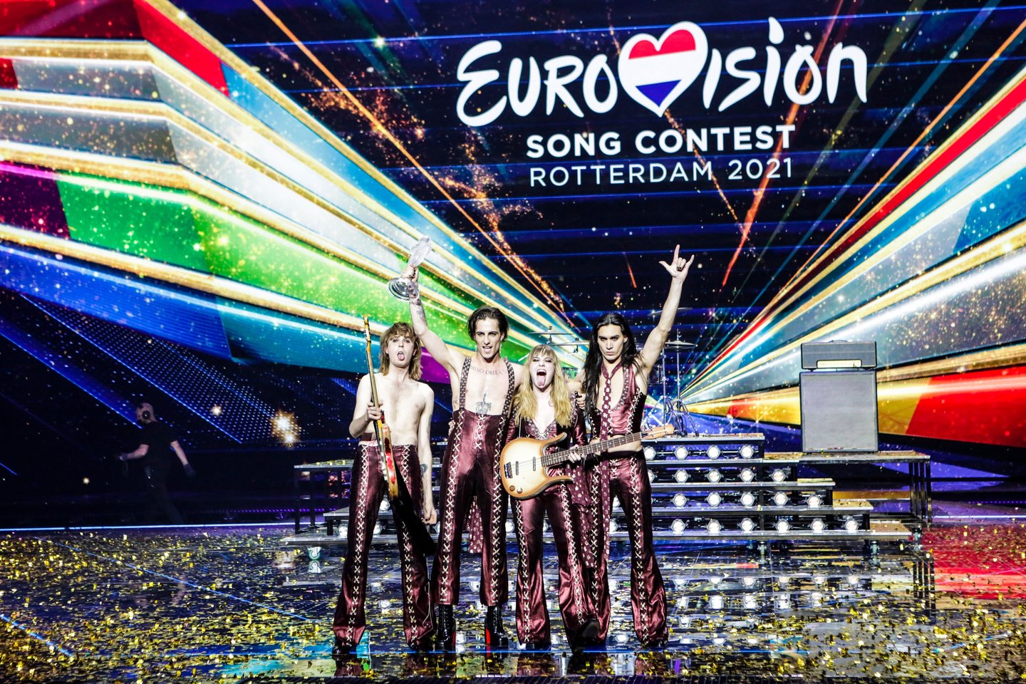 Italai „Måneskin“ laimėjo „Eurovizijos“ dainų konkursą.<br>EBU / THOMAS HANSES nuotr.