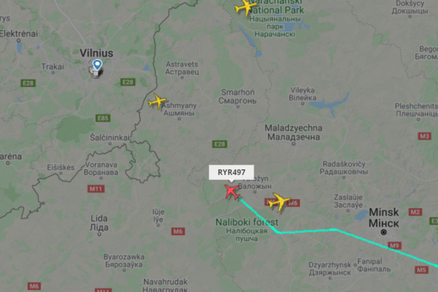 Minske nutupdytas „Ryanair“ lėktuvas skrenda į Vilnių.<br>flightradar24.com inf.