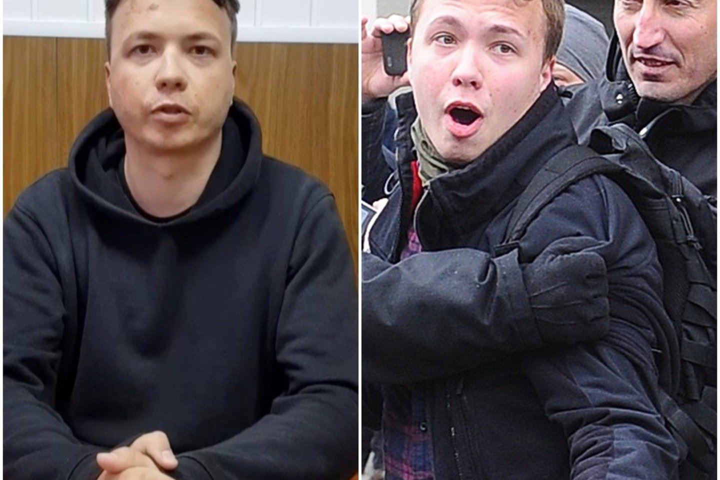 Baltarusijoje sulaikyto žurnalisto tėvas sako, kad jo sūnus buvo sumuštas ir priverstas nusifilmuoti vaizdo įraše.<br>Lrytas.lt koliažas.