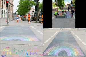 Naujai perdažyta vaivorykštės spalvų pėsčiųjų perėja – jau subjaurota: T. V. Raskevičius tai pavadino terorizmu