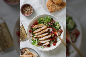 Salotos su vištiena ir saulėje džiovintais pomidorais tiks tiek pietums, tiek vakarienei