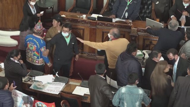 Nufilmavo muštynes Bolivijos parlamente: į atlapus kibo opozicijos ir valdančiosios partijos nariai